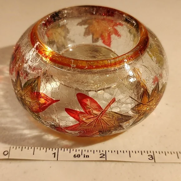 Yankee Candle Crackle Glass Leaves Tealight Holder, New In Box, Autumn Leaves - Picture 3 of 5